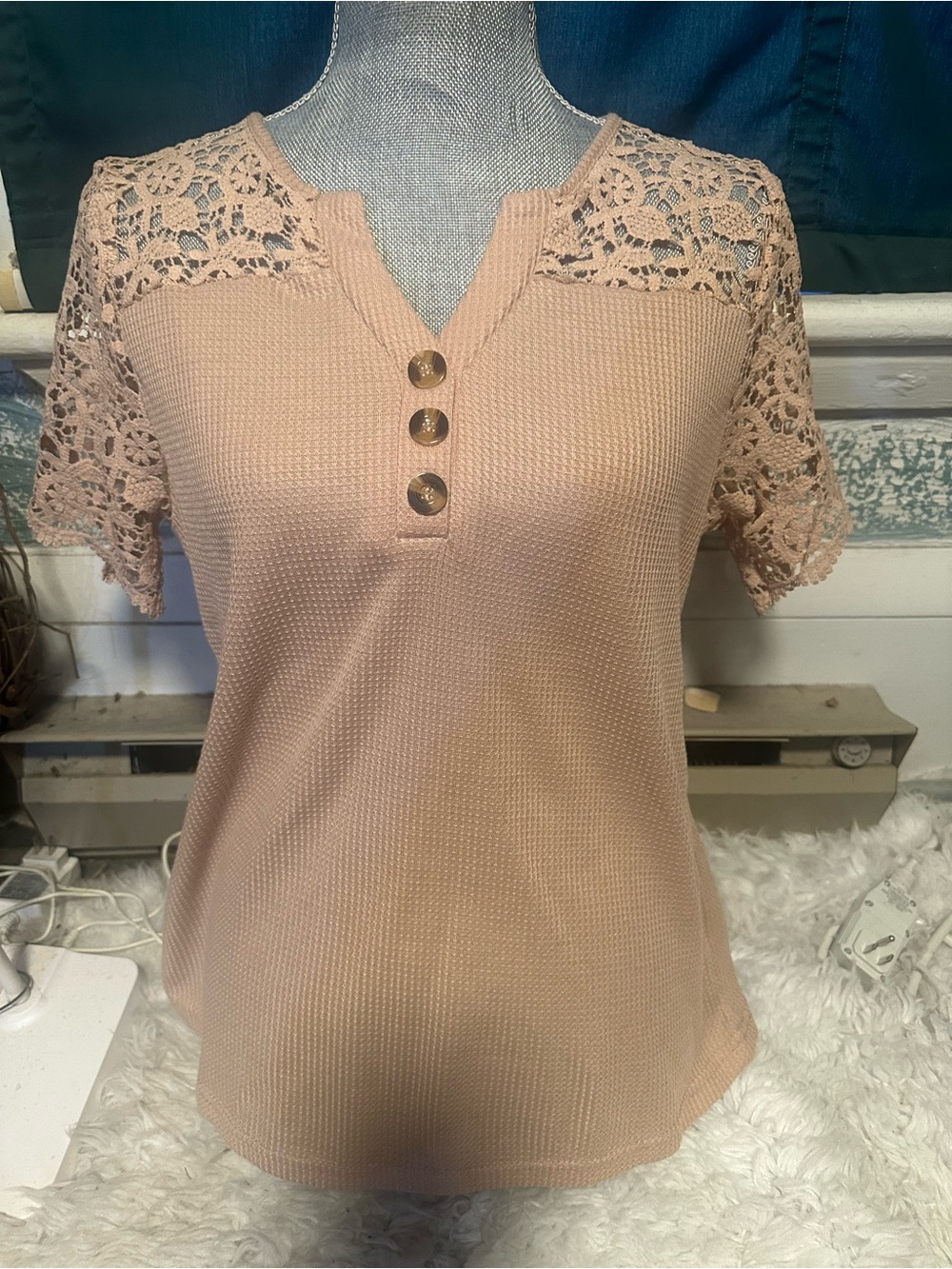 SHEIN Tan Crochet Lace Henley Button-Front Top